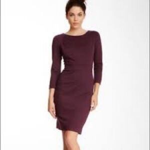 Trina Turk Fenella Long Sleeve Pencil Pleated Fitted Lace Hem Lined Maroon Dress